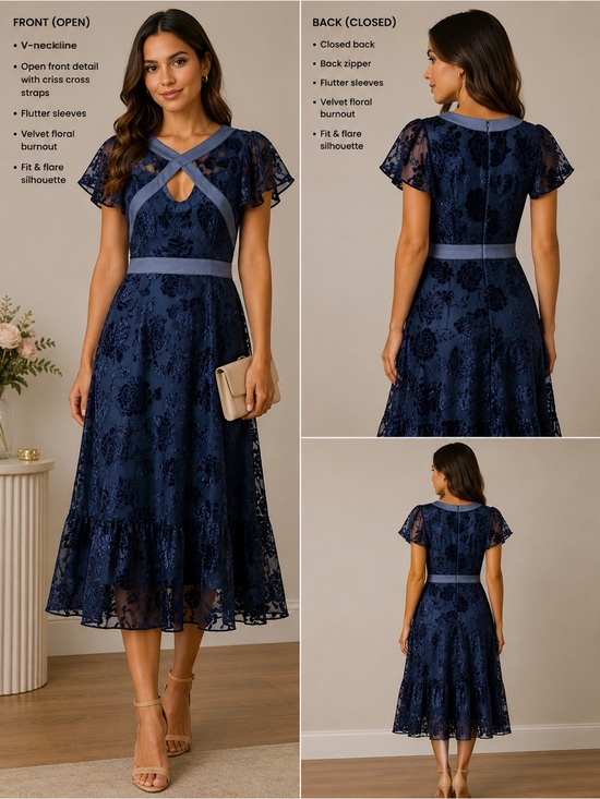 wear mena Dresses & Skirts - Wear Mena NWT Blue Velvet Burnout Floral Chiffon Midi Dress Size 4
